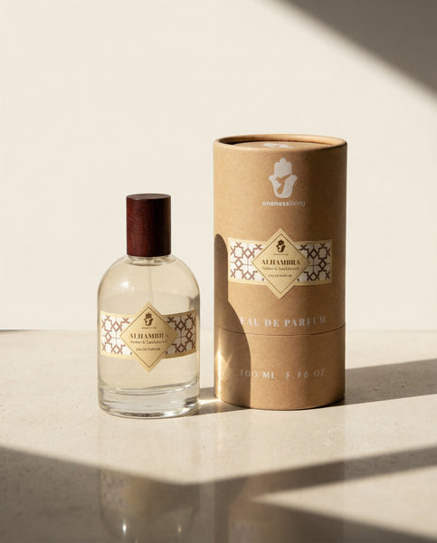 Authentic 100ml bottle of Alhambra Eau de Parfum by Oneness Living. A bold masculine fragrance with notes of Sandalwood, Incense, Patchouli, and Smoky Tobacco.