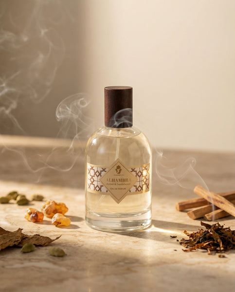 Authentic 100ml bottle of Alhambra Eau de Parfum by Oneness Living. A bold masculine fragrance with notes of Sandalwood, Incense, Patchouli, and Smoky Tobacco.