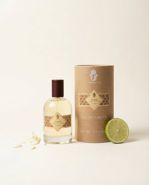 Luxury 100ml bottle of Feria Eau de Parfum by Oneness Living. A refreshing Mediterranean fragrance with notes of Neroli, Orange Blossom, White Tea, and Vanilla.