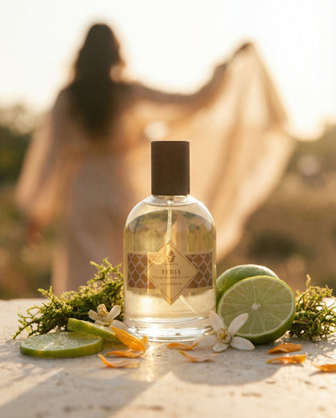 Luxury 100ml bottle of Feria Eau de Parfum by Oneness Living. A refreshing Mediterranean fragrance with notes of Neroli, Orange Blossom, White Tea, and Vanilla.