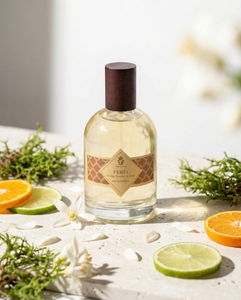 Luxury 100ml bottle of Feria Eau de Parfum by Oneness Living. A refreshing Mediterranean fragrance with notes of Neroli, Orange Blossom, White Tea, and Vanilla.