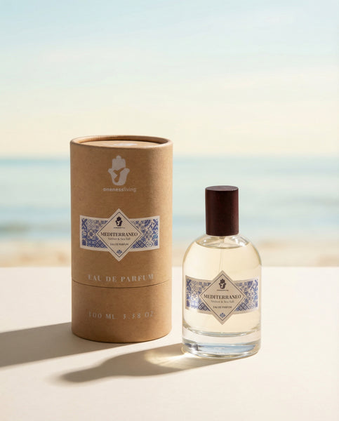 Luxury 100ml bottle of Mediterraneo Eau de Parfum by Oneness Living. A refreshing masculine fragrance with marine accords, vibrant citrus, and soft woody notes.