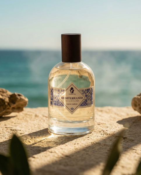 Luxury 100ml bottle of Mediterraneo Eau de Parfum by Oneness Living. A refreshing masculine fragrance with marine accords, vibrant citrus, and soft woody notes.