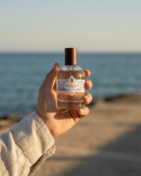 Luxury 100ml bottle of Mediterraneo Eau de Parfum by Oneness Living. A refreshing masculine fragrance with marine accords, vibrant citrus, and soft woody notes.