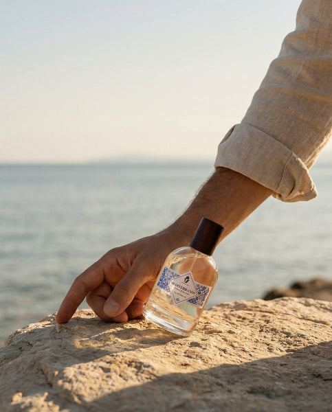 Luxury 100ml bottle of Mediterraneo Eau de Parfum by Oneness Living. A refreshing masculine fragrance with marine accords, vibrant citrus, and soft woody notes.