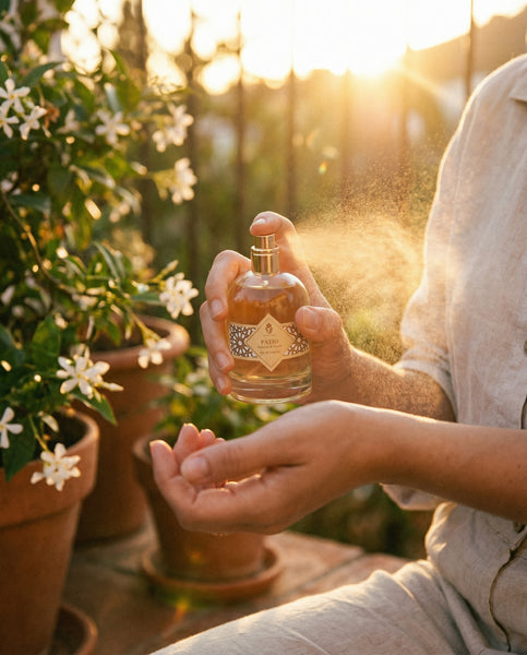 Luxury 100ml bottle of Patio Eau de Parfum by Oneness Living. A rich jasmine and tuberose floral fragrance inspired by a fresh Andalusian garden.