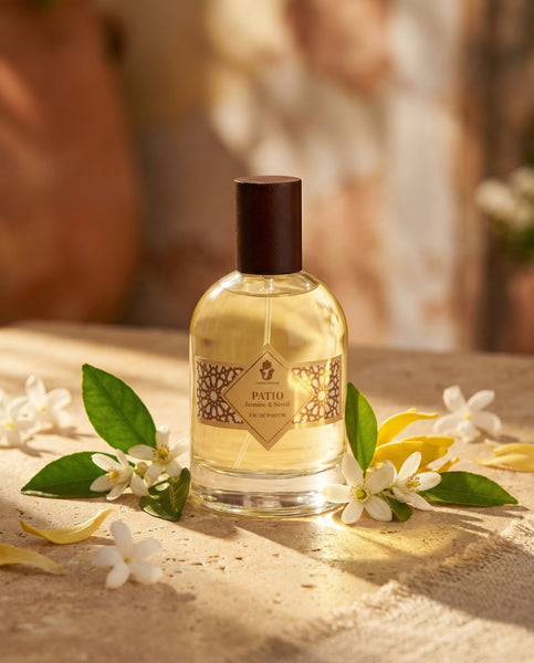 Luxury 100ml bottle of Patio Eau de Parfum by Oneness Living. A rich jasmine and tuberose floral fragrance inspired by a fresh Andalusian garden.