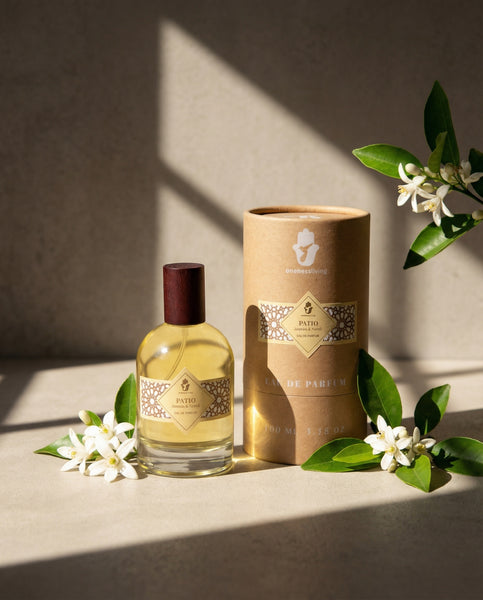 Luxury 100ml bottle of Patio Eau de Parfum by Oneness Living. A rich jasmine and tuberose floral fragrance inspired by a fresh Andalusian garden.